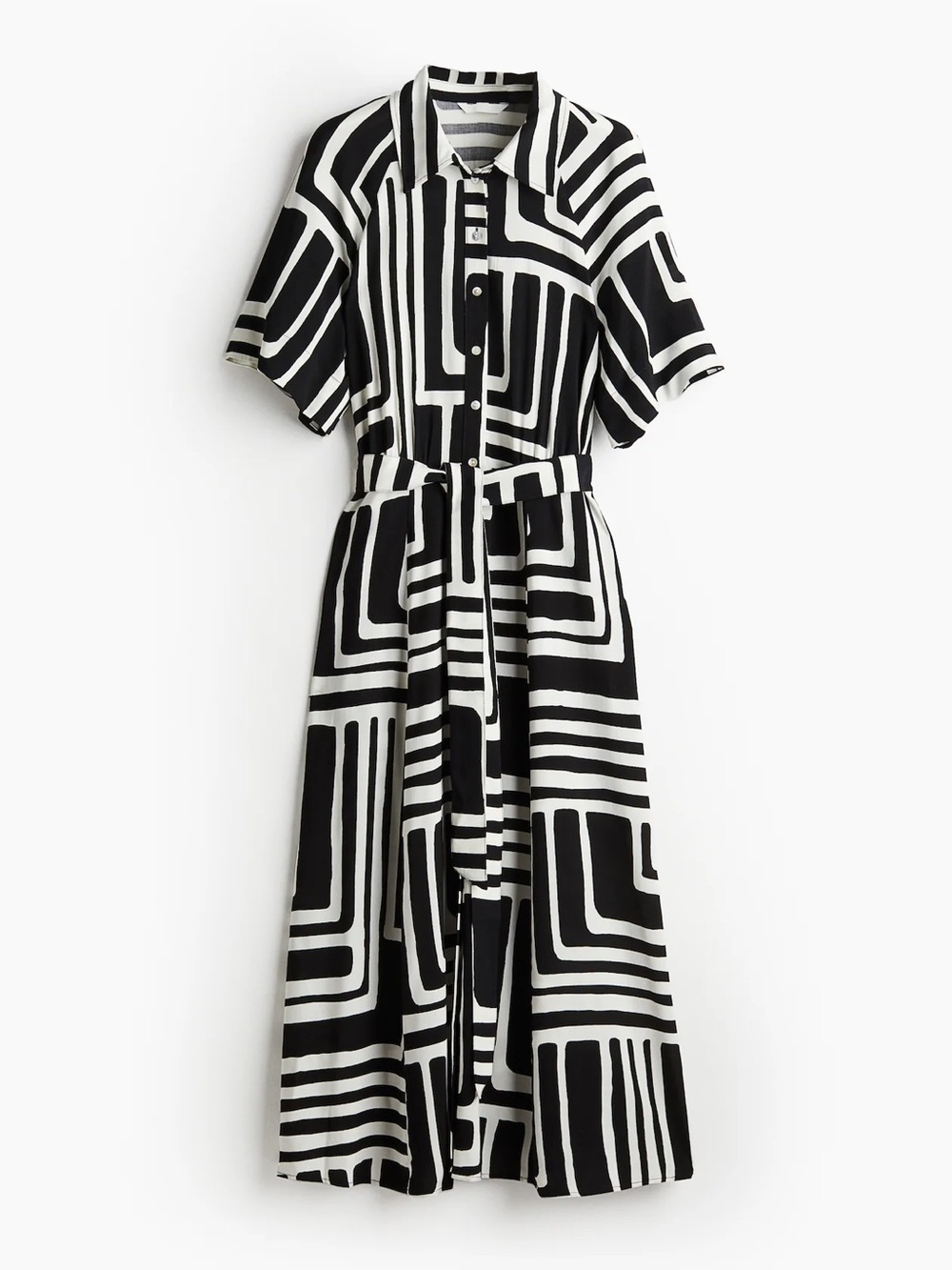 H&M TIE-BELT SHIRT DRESS Size XL Black and White Patterned